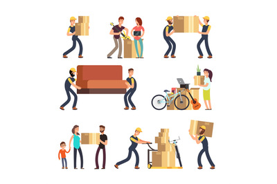 Family moving into new house. Man, woman and employees carrying boxes