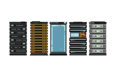 Modern flat server racks. Computer processor servers for server room.