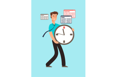 Stressed worker holding clock with running out time. Deadline vector c