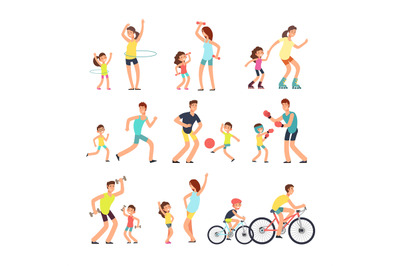 Happy sport family. Mom, dad with kids doing sports exercises outdoor.