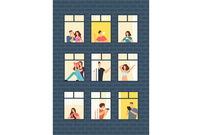 Cartoon man and woman neighbors in apartment windows in building. Happ