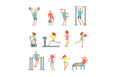 Woman and man doing various sports exercises with gym equipment. Fitne