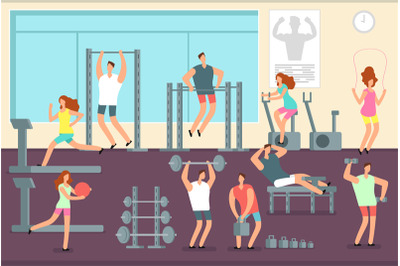 Woman and man doing various sports exercises in gym. Fitness indoor wo