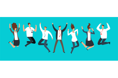 Happy excited business people, employees jumping together. Successful