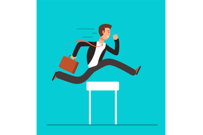 Businessman jumping over hurdles. Business challenge, successful overc