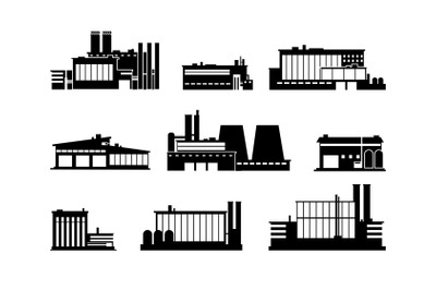 Factory, manufacturing plant and warehouse black silhouette icons isol