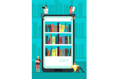 Smartphone with reader app and people reading books. Online book store