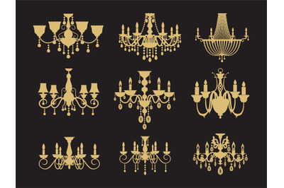 Set of vintage chandeliers isolated on black background