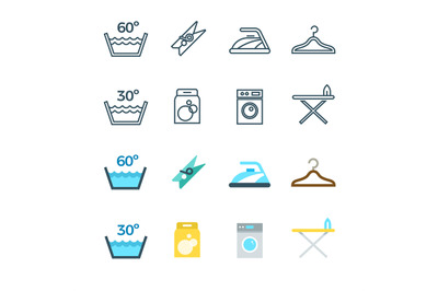 Housework and laundry washing line and flat icons