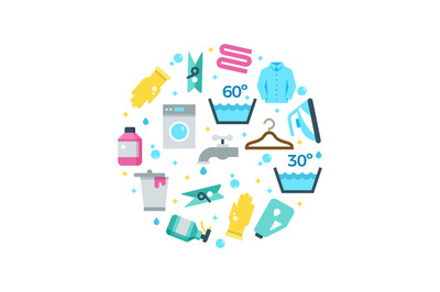 Housework drying washing flat icons round concept