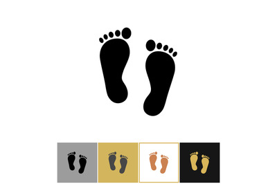 Human foot print icon, footprints symbol on gold and white background