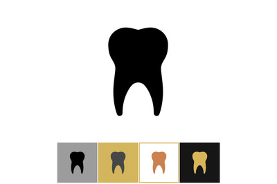 Tooth icon, dental teeth silhouette symbol on gold and white backgroun