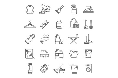 Cleaning and washing house, laundry outline vector icons. Antiseptic s