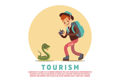 Tourism male tourist and snake