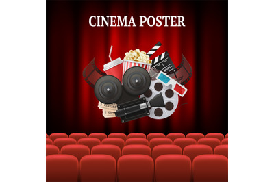 Movie chairs background. Red set cinema movie premier theater curtain