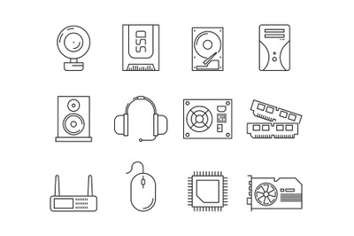 Hardware pc components. Symbols of computer items processor server ssd