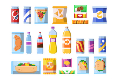 Beverages food. Plastic containers fastfood drinks and snacks candy bi