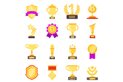 Trophy symbols. Achievement awards medals with ribbons for winners spo