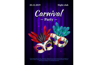 Carnival placard. Masquerade poster invitation with venetian party mas