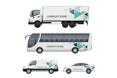 Vehicle branding. Transportation advertizing bus truck van car realist