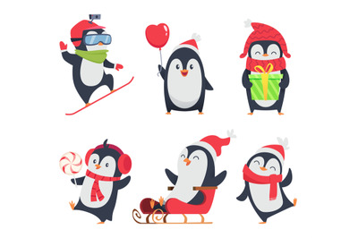 Penguin characters. Cartoon winter illustrations of wildlife animals i