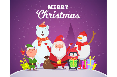 Holiday winter background. Christmas characters santa penguin white ar