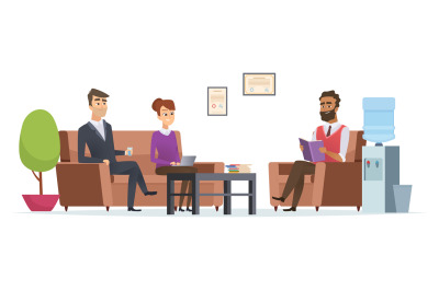 Business waiting room. People at office lobby modern interior sitting