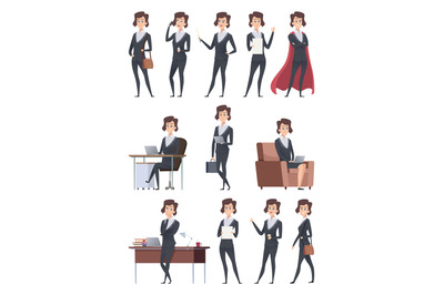 Female business characters. Company office workers action pose making