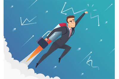 Success business. Businessman goes on to the moon flying on startup sp