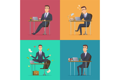 Businessman scenes. Office manager or director various poses sitting d