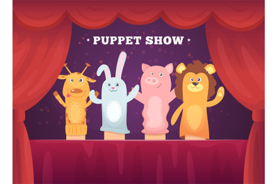 Puppet show. Red curtains theatre performance for kids stage with sock