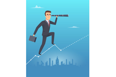 Business vision concept. Male businessman stands on chart looks throug