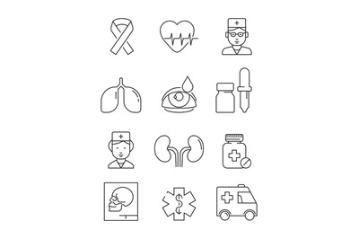 Health care line icons. Medical stroke symbols prescription doctor in