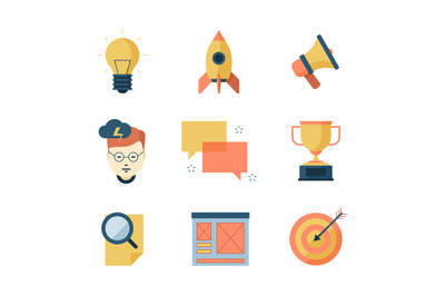 Seo smm business icons. Brainstorming communication campaigns marketin