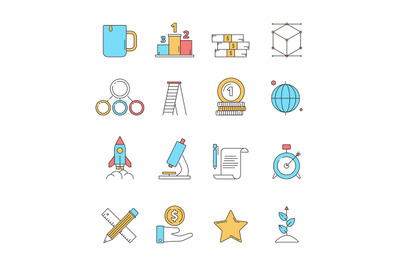 Colored startup icons. Business plan perfect innovation idea dreams en