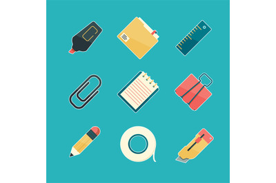 Stationery icon set. Pencil eraser pen paperclip stapler highlighter o