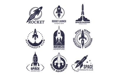 Space logotypes. Rockets and flight shuttle moon discovery business re