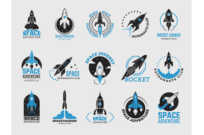 Rocket logo. Space satelite retro shuttle moon discovery logotypes of