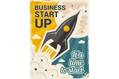 Vintage startup poster. Business launch concept with rocket or space s