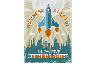 Rocket retro poster. Business startup concept with shuttle or spaceshi