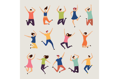 Jumping people. Young and adult laughing happy group characters vector