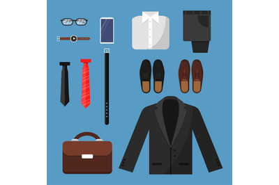 Businessman clothes. Fashion mens items pants shirt shoes watches tie