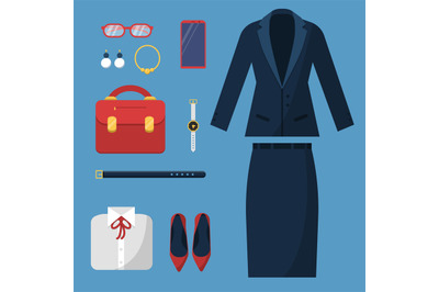 Businesswoman clothes. Fashion female office casual style wardrobe ski