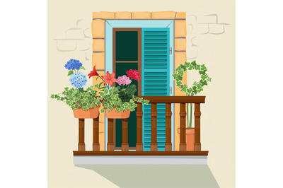 Balcony flowers. House facade window and decorative plants pots grow w