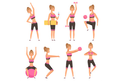 Fitness girl. Female sport character in various action poses in gym ma