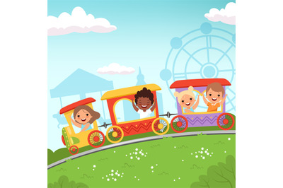 Roller coaster kids. Attraction children riding in amusement park vect