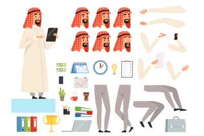 Arabic businessman animation. Creation kit with body parts and busines