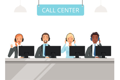 Call center characters. Business customer service agents operator in h