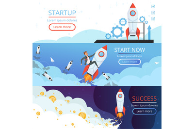 Startup banners. New idea or creative business launch rocket ship or s