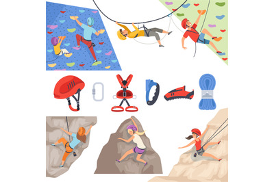 Mountain climbers. Mountaineering equipment for extreme sport rockie h